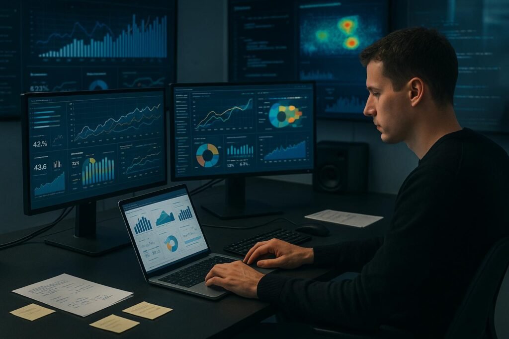 Ein moderner Analytics-Workspace mit mehreren Monitoren, Laptop und Datenvisualisierungen, Hintergrund mit Heatmaps und Code-Fragmente, Datenanalyst arbeitet konzentriert am Schreibtisch