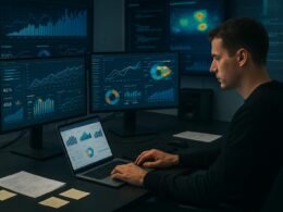 Ein moderner Analytics-Workspace mit mehreren Monitoren, Laptop und Datenvisualisierungen, Hintergrund mit Heatmaps und Code-Fragmente, Datenanalyst arbeitet konzentriert am Schreibtisch