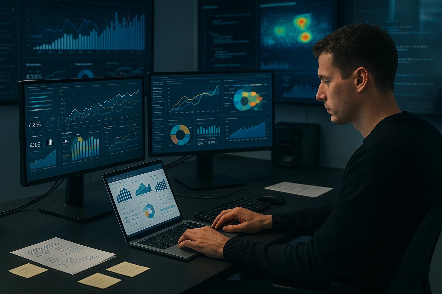 Ein moderner Analytics-Workspace mit mehreren Monitoren, Laptop und Datenvisualisierungen, Hintergrund mit Heatmaps und Code-Fragmente, Datenanalyst arbeitet konzentriert am Schreibtisch