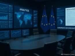 Moderner europäischer Konferenztisch in einem hoch technologisierten Büro mit digitalen Bildschirmen und europäischen Flaggen