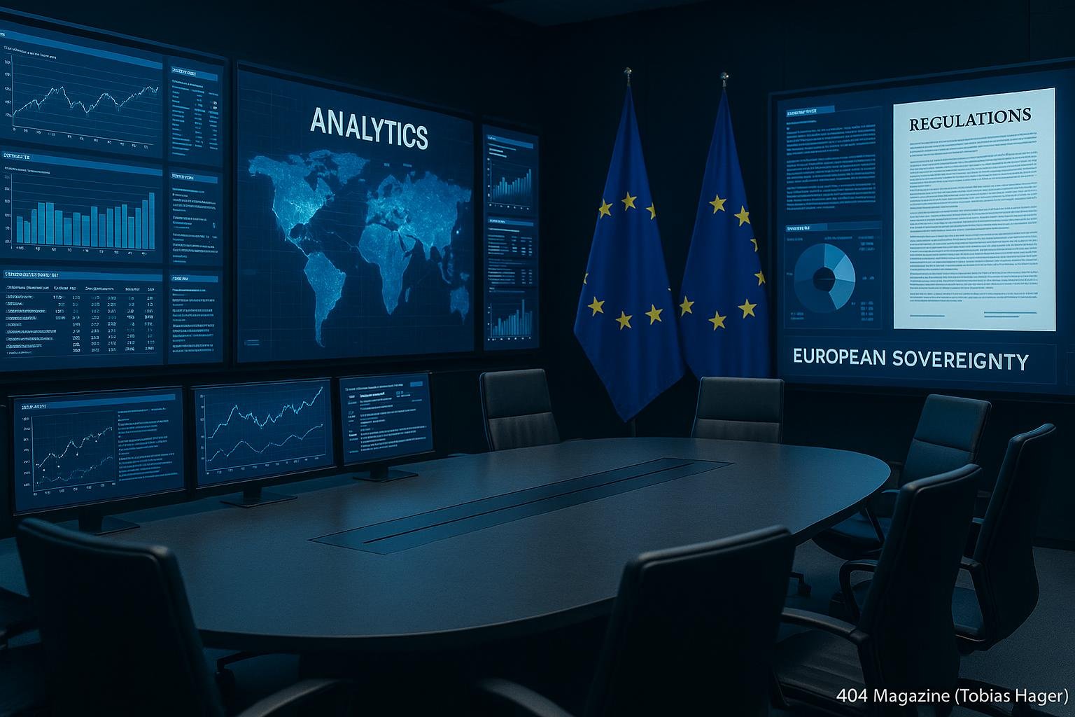 Moderner europäischer Konferenztisch in einem hoch technologisierten Büro mit digitalen Bildschirmen und europäischen Flaggen