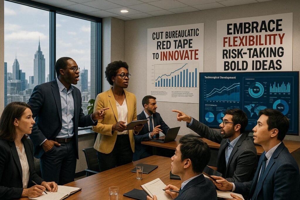 Verschiedene Geschäftsleute und Forscher diskutieren in einem modernen Konferenzraum mit digitalen Bildschirmen, Stadtblick im Hintergrund und Kommentaren zu Innovationsbarrieren.