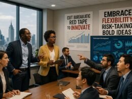 Verschiedene Geschäftsleute und Forscher diskutieren in einem modernen Konferenzraum mit digitalen Bildschirmen, Stadtblick im Hintergrund und Kommentaren zu Innovationsbarrieren.