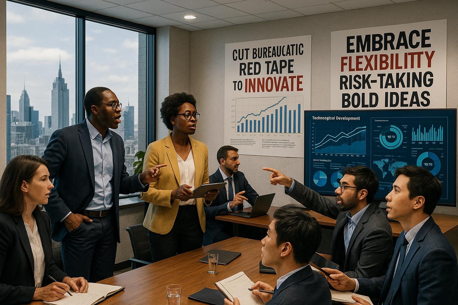 Verschiedene Geschäftsleute und Forscher diskutieren in einem modernen Konferenzraum mit digitalen Bildschirmen, Stadtblick im Hintergrund und Kommentaren zu Innovationsbarrieren.