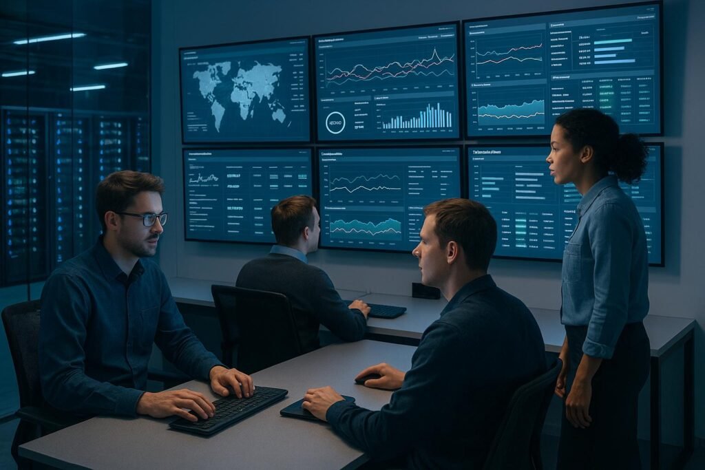 Moderner Kontrollraum eines Rechenzentrums mit großen Monitoren, die Echtzeit-Daten und Systemüberwachung zeigen, mit technischem Personal bei der Analyse.
