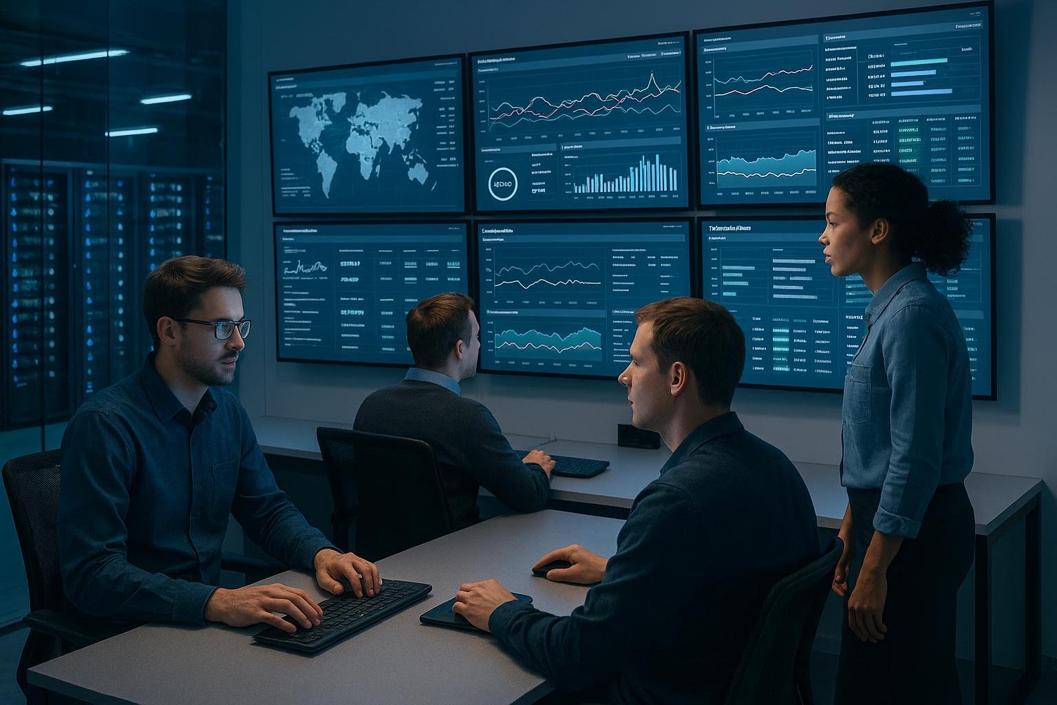 Moderner Kontrollraum eines Rechenzentrums mit großen Monitoren, die Echtzeit-Daten und Systemüberwachung zeigen, mit technischem Personal bei der Analyse.