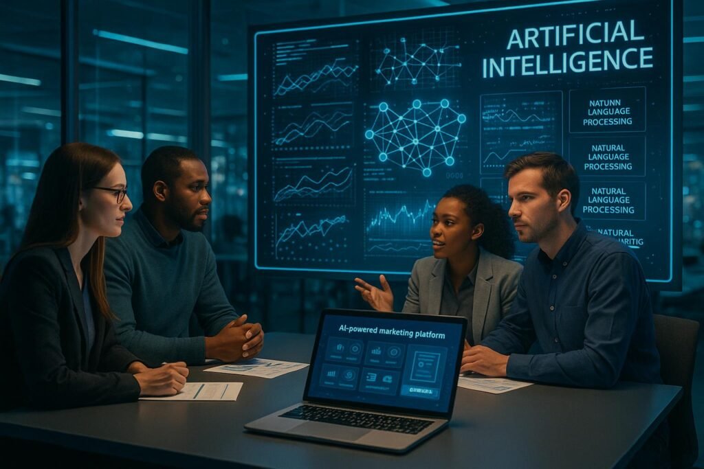 Moderner digitaler Arbeitsplatz mit Datenvisualisierungen, holographischen Interfaces und Fachleuten, die KI-Tools diskutieren