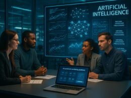 Moderner digitaler Arbeitsplatz mit Datenvisualisierungen, holographischen Interfaces und Fachleuten, die KI-Tools diskutieren