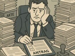 Überladene Büroperson am Schreibtisch mit Bergen an Formularen, Akten und Stempeln, sichtbar für Bürokratie und Stress, im Hintergrund Symbole wie Uhr, Stempel und Checkboxen