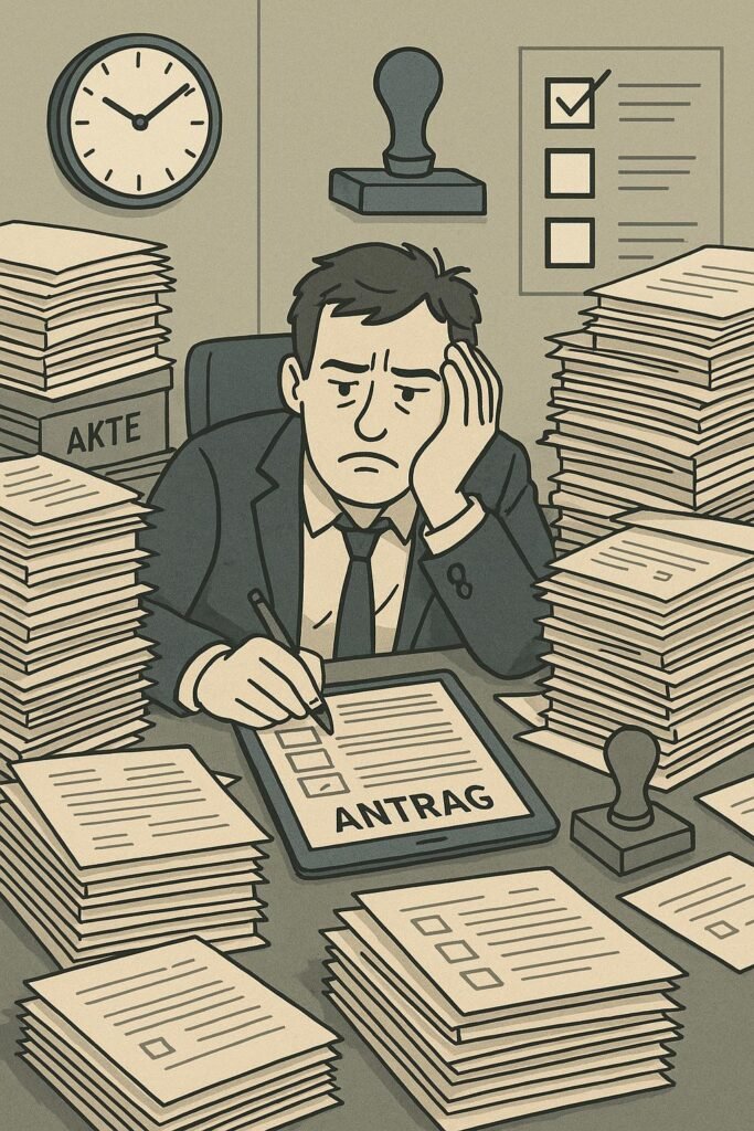 Überladene Büroperson am Schreibtisch mit Bergen an Formularen, Akten und Stempeln, sichtbar für Bürokratie und Stress, im Hintergrund Symbole wie Uhr, Stempel und Checkboxen