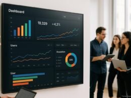 Digitales Dashboard mit Charts und KPI-Indikatoren in hellem Büro mit Marketing-Team im Hintergrund