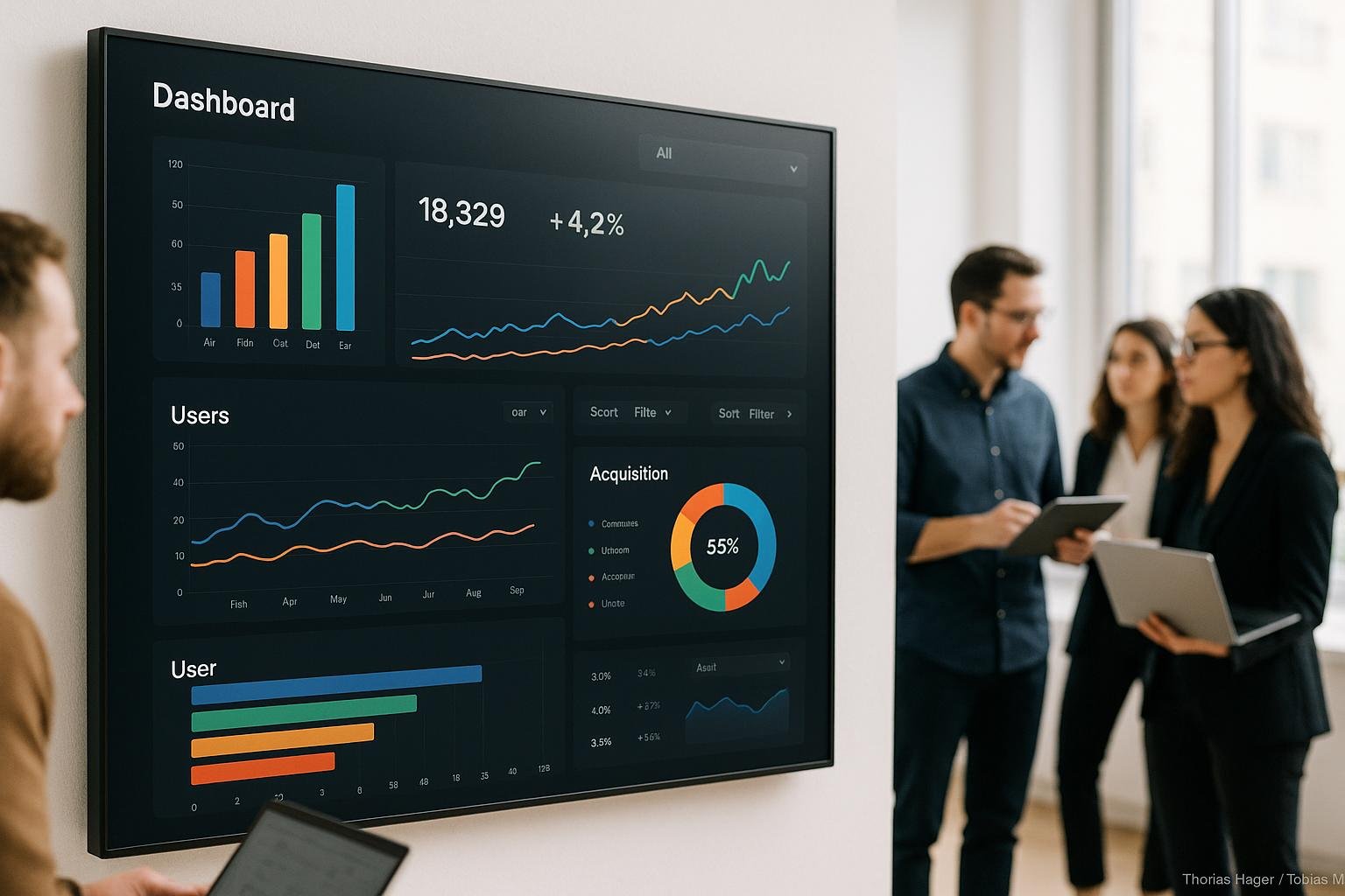 Digitales Dashboard mit Charts und KPI-Indikatoren in hellem Büro mit Marketing-Team im Hintergrund