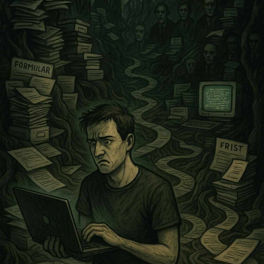 Illustration eines dunklen, verwirrenden Bürokratie-Dschungels mit Papierstapeln, Formularen und einem frustrierten Online-Marketer mit Laptop im Vordergrund, im Hintergrund Bürokraten und veraltete Computerbildschirme