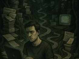 Illustration eines dunklen, verwirrenden Bürokratie-Dschungels mit Papierstapeln, Formularen und einem frustrierten Online-Marketer mit Laptop im Vordergrund, im Hintergrund Bürokraten und veraltete Computerbildschirme