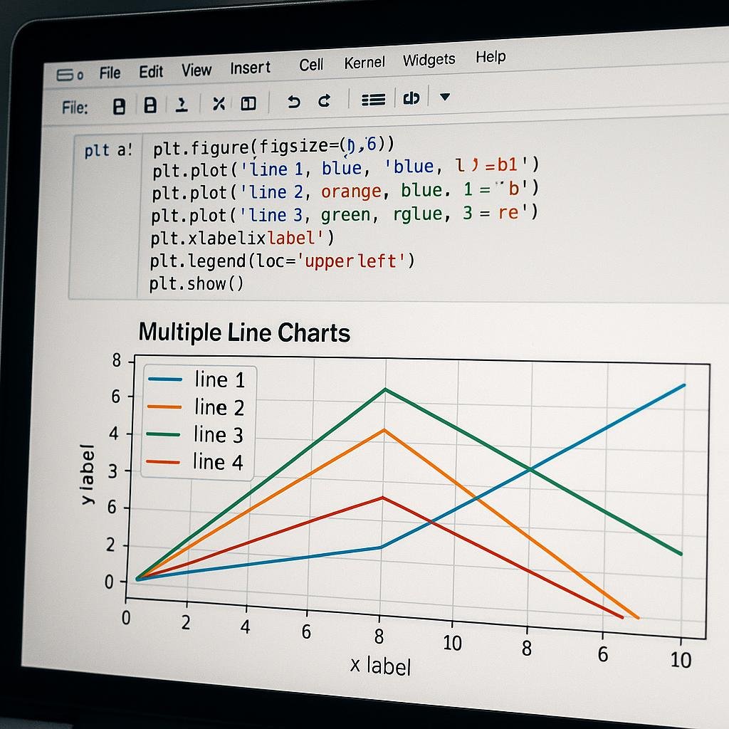 Detailliertes Close-up eines Computerbildschirms mit komplexen Liniencharts in Python und Matplotlib, sichtbar in einem Jupyter Notebook.