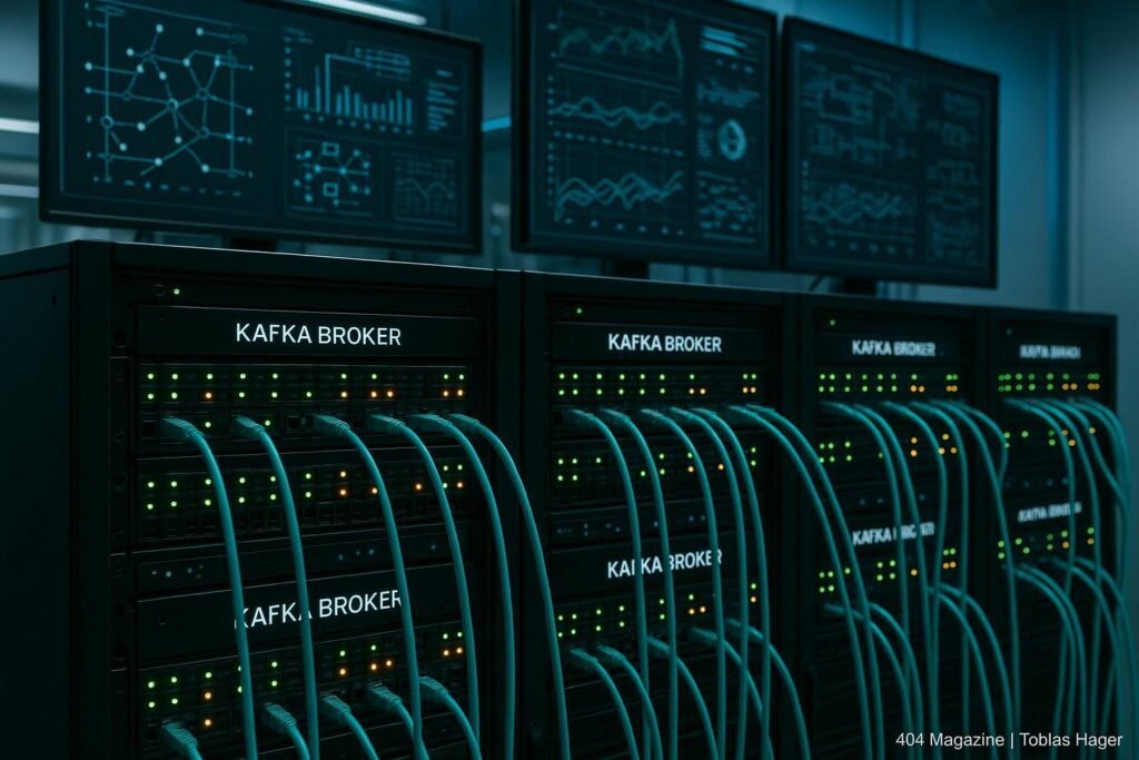Moderner Serverraum mit mehreren Kafka-Brokern, leuchtenden Statusanzeigen und Netzwerk-Kabeln, im Hintergrund Diagramme und technische Grafiken auf Monitoren, vermittelt Hochtechnologie und Innovation.