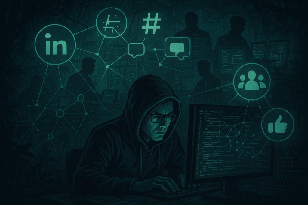 Düstere Büroszene mit einer Person im Hoodie vor einem Computerbildschirm voller Code, umgeben von Symbolen für LinkedIn, Hashtags und Engagement, während mächtige Figuren im Hintergrund Daten steuern.