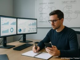 Modern ausgestattetes Büro mit Datenanalysen, Diagrammen und Whiteboard-Skizzen zu Customer Journeys. Im Vordergrund sitzt ein Marketingprofi mit Notizblock und Smartphone. Credit: 404 Magazine (Tobias Hager)