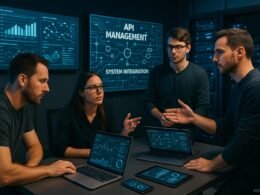 Modernes Büro mit Digitaldisplays, Serverrack, Laptops, Tablets und Smartphones, umgeben von Marketing-Profis in fokussierter Diskussion, mit leuchtenden Datenvisualisierungen und API-Connections.