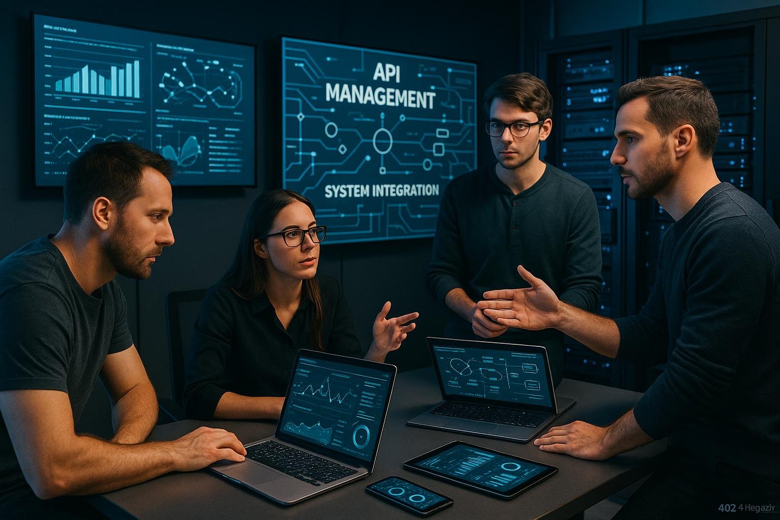 Modernes Büro mit Digitaldisplays, Serverrack, Laptops, Tablets und Smartphones, umgeben von Marketing-Profis in fokussierter Diskussion, mit leuchtenden Datenvisualisierungen und API-Connections.