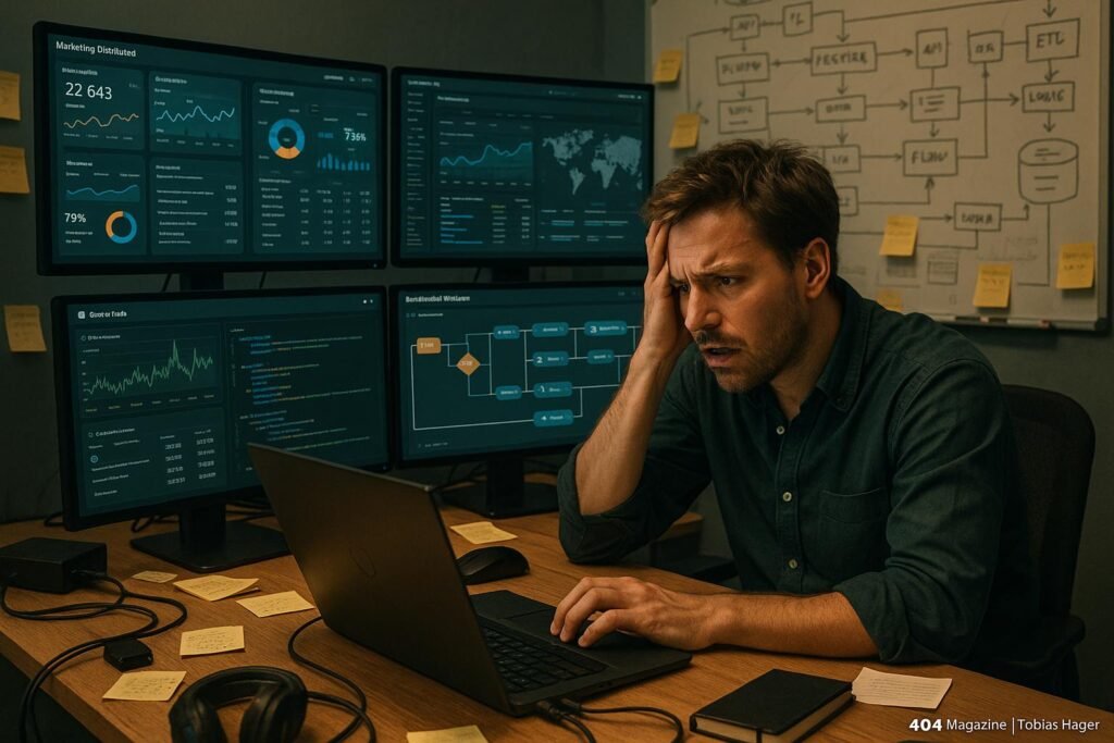 Gestresster Marketingprofi in einem hektischen Büro mit mehreren Monitoren, Dashboards und Whiteboards mit Skizzen, im Hintergrund Notizzettel und technische Geräte sichtbar
