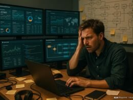 Gestresster Marketingprofi in einem hektischen Büro mit mehreren Monitoren, Dashboards und Whiteboards mit Skizzen, im Hintergrund Notizzettel und technische Geräte sichtbar