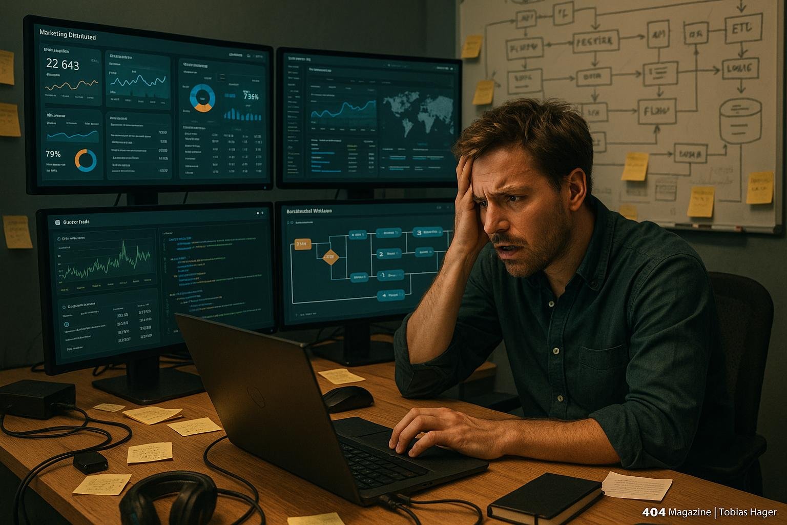 Gestresster Marketingprofi in einem hektischen Büro mit mehreren Monitoren, Dashboards und Whiteboards mit Skizzen, im Hintergrund Notizzettel und technische Geräte sichtbar