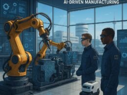 Hochtechnologische deutsche Industriehalle mit Robotern, digitalen Displays und Ingenieuren in AR-Brillen unter blauem Himmel, symbolisierend Deutschlands führende Position in KI-gestützter Fertigung.