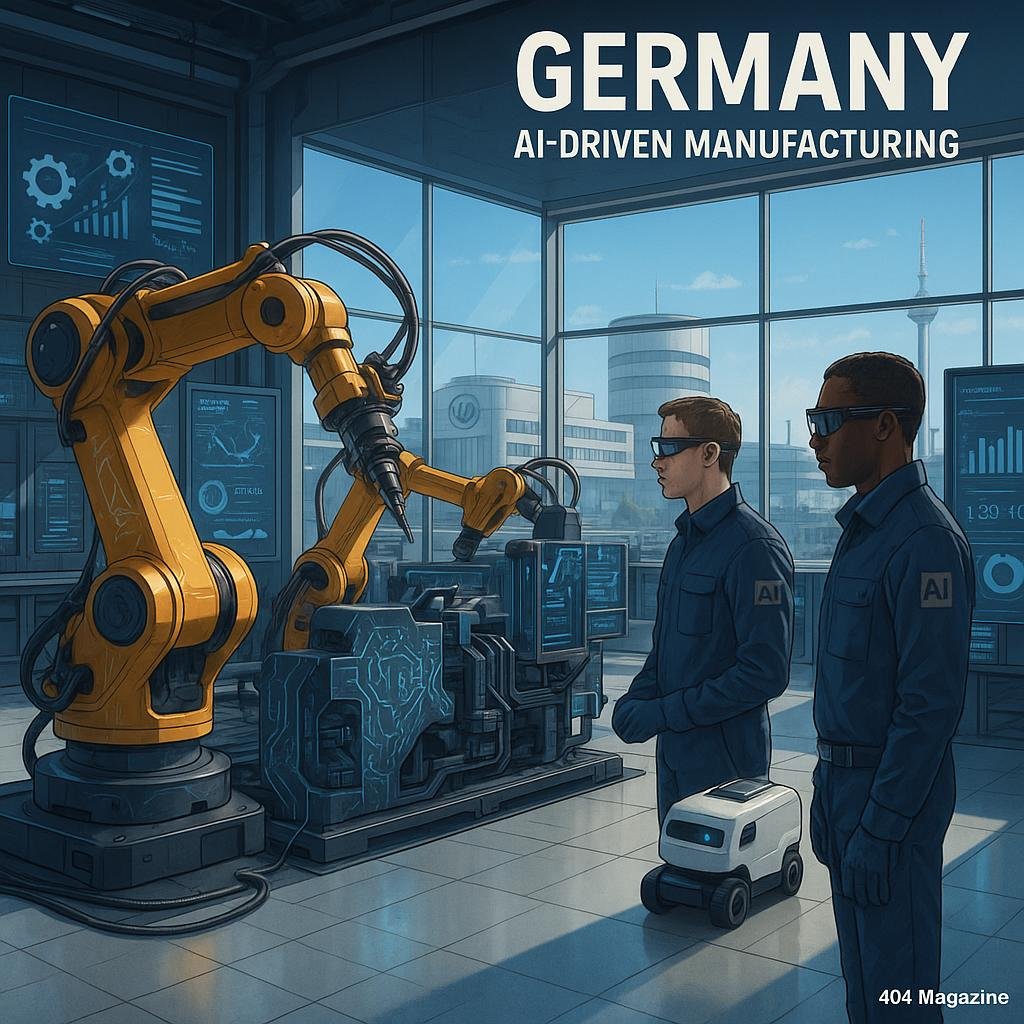 Hochtechnologische deutsche Industriehalle mit Robotern, digitalen Displays und Ingenieuren in AR-Brillen unter blauem Himmel, symbolisierend Deutschlands führende Position in KI-gestützter Fertigung.