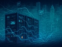 Futuristische Server-Racks mit leuchtenden LEDs, verbunden durch holographische Datenströme und digitale Schnittstellen vor einer transparenten, leuchtenden Stadtlandschaft, symbolisierend ein skalierbares MarTech-System.