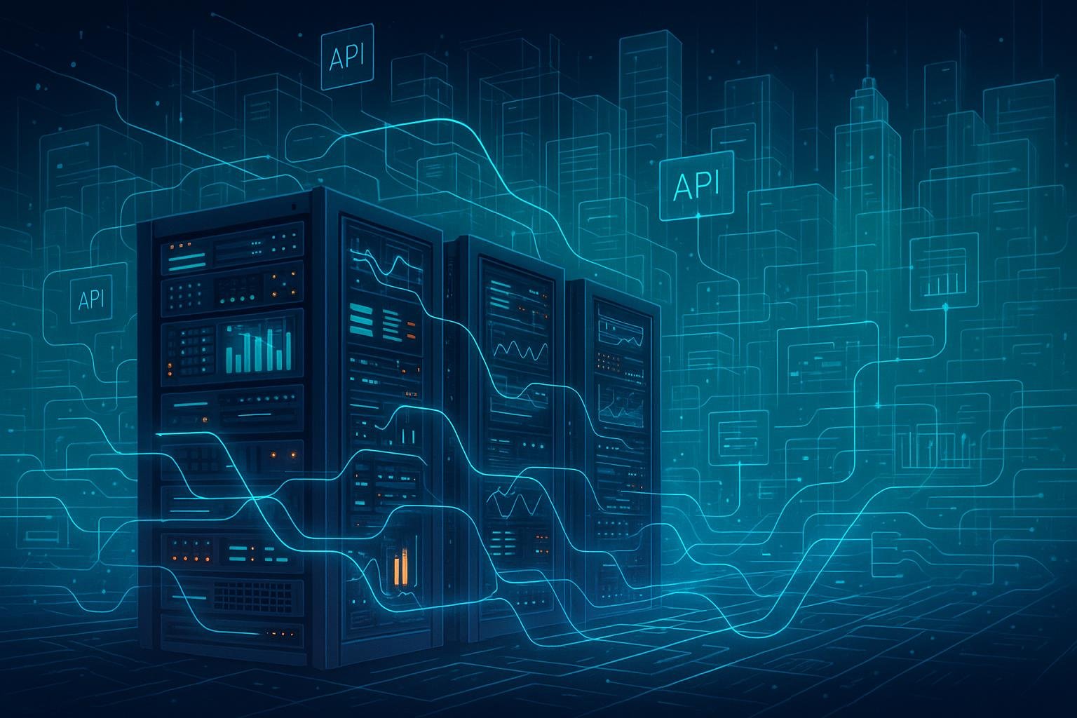 Futuristische Server-Racks mit leuchtenden LEDs, verbunden durch holographische Datenströme und digitale Schnittstellen vor einer transparenten, leuchtenden Stadtlandschaft, symbolisierend ein skalierbares MarTech-System.
