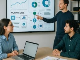 Team diskutiert vor interaktivem Digitalboard mit Diagrammen und Workflow-Symbolen in einem modernen Büro