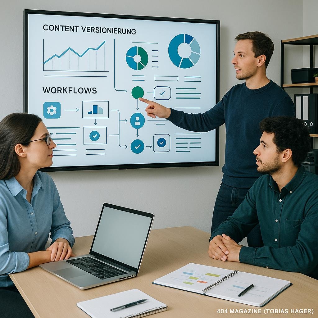 Team diskutiert vor interaktivem Digitalboard mit Diagrammen und Workflow-Symbolen in einem modernen Büro