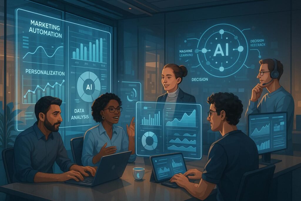 Futuristisches Büro mit marketing- und entwicklungsprofis, holographische Projektionen und digitalen Dashboards, die KI-Technologien und strategische Planung im Jahr 2025 zeigen