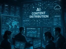 Futuristisches Kontrollzentrum mit großen Bildschirmen, Server-Racks und Cloud-Architektur, gesteuert von Personen in Smart-Casual-Outfits, im kühlen blauen, silbernen und schwarzen Design