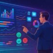 Person in Business-Casual vor holographischer Datenoberfläche mit Diagrammen, Datenströmen und Social Media Icons, symbolisiert Chancenanalyse im sozialen Scoring