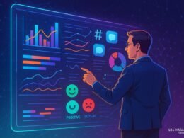 Person in Business-Casual vor holographischer Datenoberfläche mit Diagrammen, Datenströmen und Social Media Icons, symbolisiert Chancenanalyse im sozialen Scoring