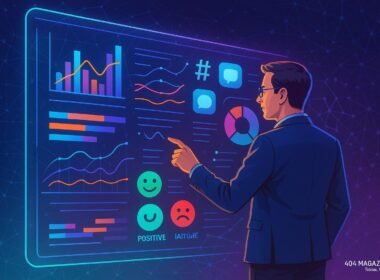 Person in Business-Casual vor holographischer Datenoberfläche mit Diagrammen, Datenströmen und Social Media Icons, symbolisiert Chancenanalyse im sozialen Scoring