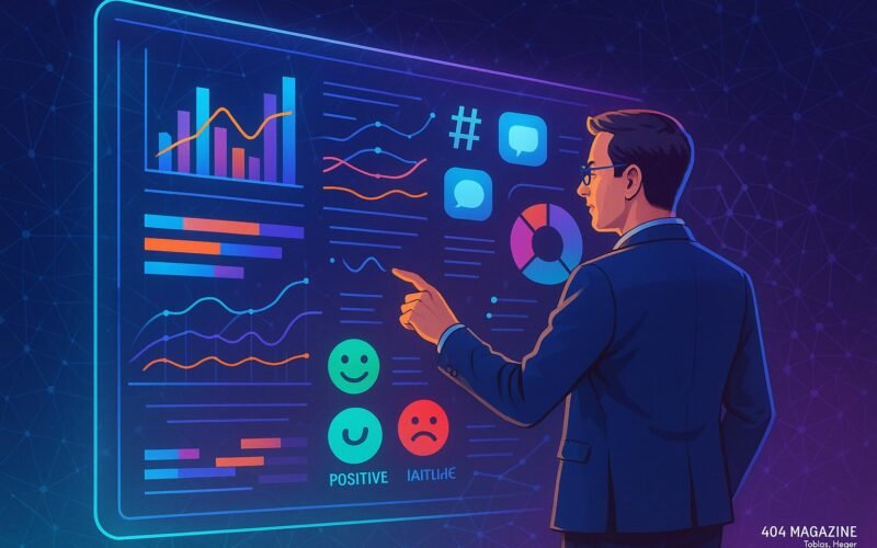Person in Business-Casual vor holographischer Datenoberfläche mit Diagrammen, Datenströmen und Social Media Icons, symbolisiert Chancenanalyse im sozialen Scoring