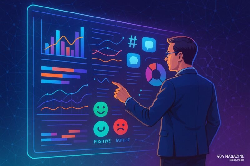Person in Business-Casual vor holographischer Datenoberfläche mit Diagrammen, Datenströmen und Social Media Icons, symbolisiert Chancenanalyse im sozialen Scoring
