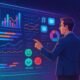 Person in Business-Casual vor holographischer Datenoberfläche mit Diagrammen, Datenströmen und Social Media Icons, symbolisiert Chancenanalyse im sozialen Scoring