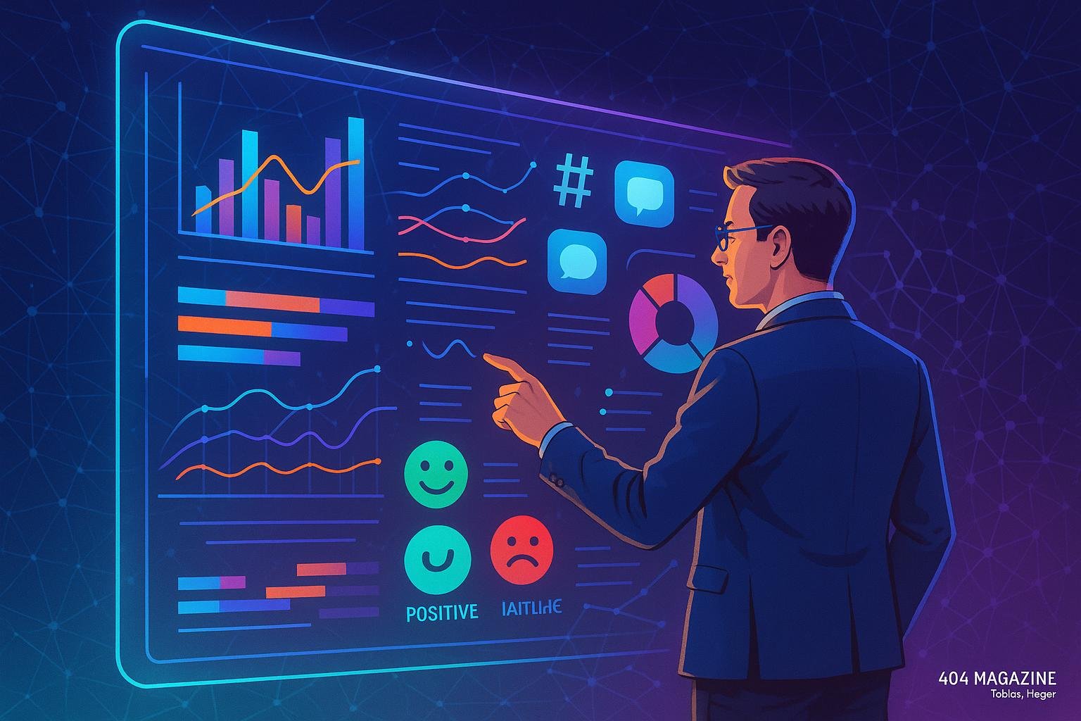 Person in Business-Casual vor holographischer Datenoberfläche mit Diagrammen, Datenströmen und Social Media Icons, symbolisiert Chancenanalyse im sozialen Scoring