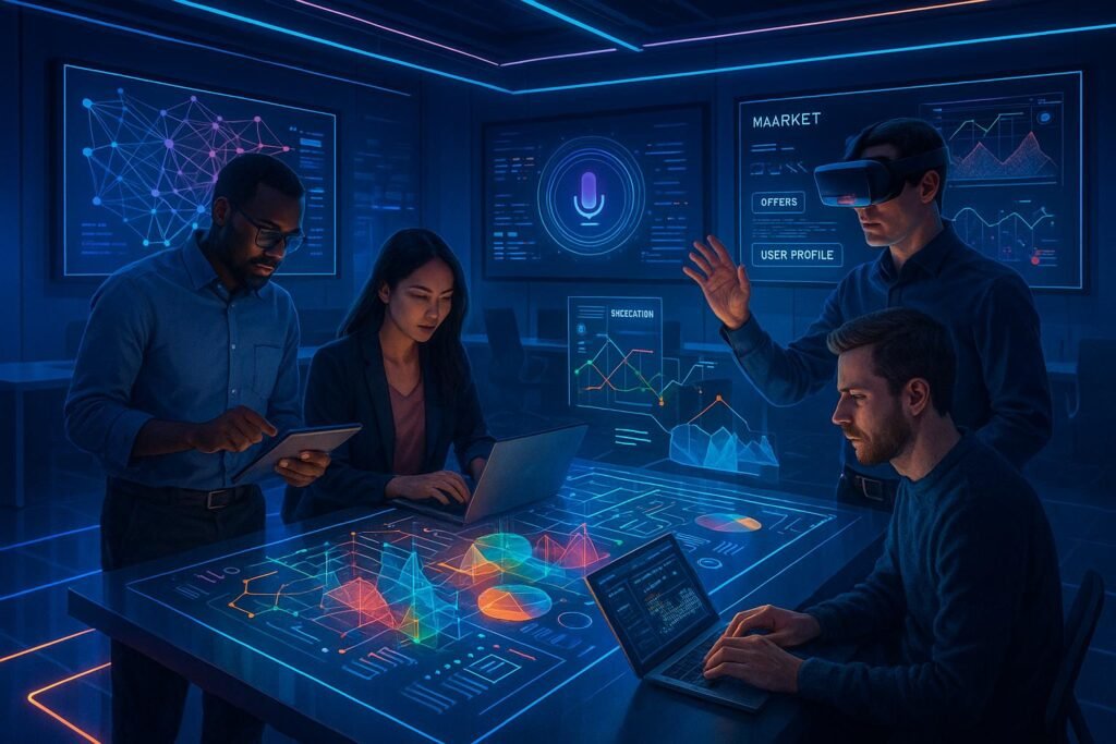 Hochmodernes Marketing-Office mit holographischer Datenvisualisierung, Mitarbeitern mit Tablets und Virtual-Reality-Brille im futuristischen, digitalen Ambiente, Hintergrund mit neuronalen Netzen und Sprachsteuerungs-Icons. Credit: 404 Magazine (Tobias Hager)