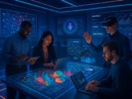 Hochmodernes Marketing-Office mit holographischer Datenvisualisierung, Mitarbeitern mit Tablets und Virtual-Reality-Brille im futuristischen, digitalen Ambiente, Hintergrund mit neuronalen Netzen und Sprachsteuerungs-Icons. Credit: 404 Magazine (Tobias Hager)