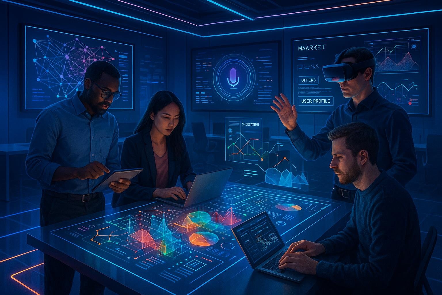 Hochmodernes Marketing-Office mit holographischer Datenvisualisierung, Mitarbeitern mit Tablets und Virtual-Reality-Brille im futuristischen, digitalen Ambiente, Hintergrund mit neuronalen Netzen und Sprachsteuerungs-Icons. Credit: 404 Magazine (Tobias Hager)