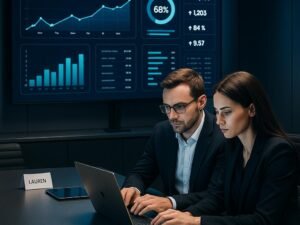 Zwei Fachleute arbeiten an einem Laptop in einem High-Tech-Kontrollraum mit großen Bildschirmen, Datenvisualisierungen und moderner Ausstattung.