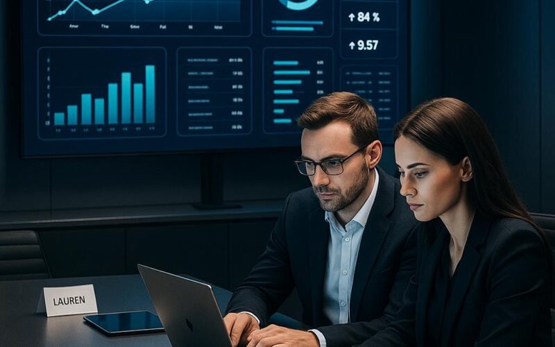 Zwei Fachleute arbeiten an einem Laptop in einem High-Tech-Kontrollraum mit großen Bildschirmen, Datenvisualisierungen und moderner Ausstattung.