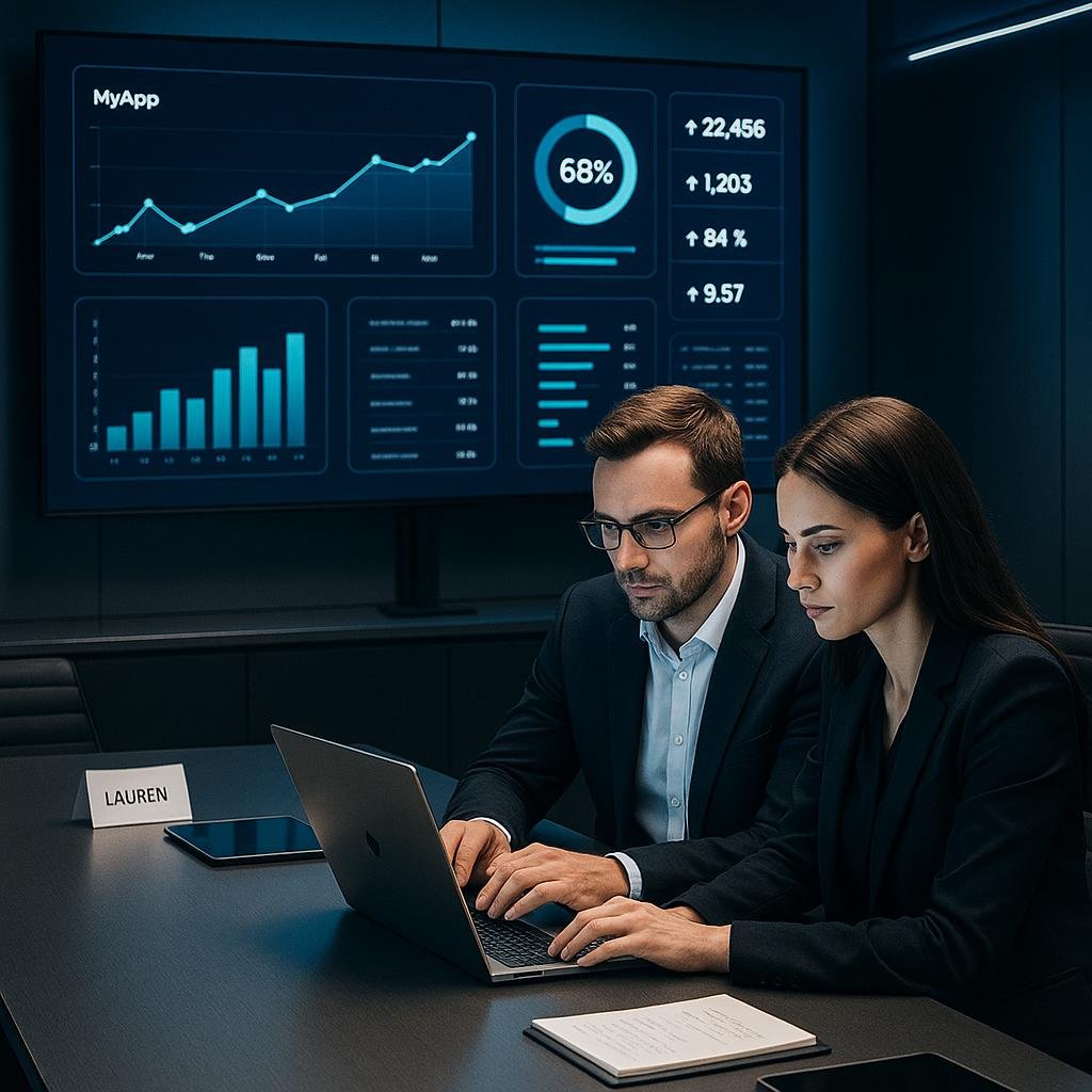 Zwei Fachleute arbeiten an einem Laptop in einem High-Tech-Kontrollraum mit großen Bildschirmen, Datenvisualisierungen und moderner Ausstattung.