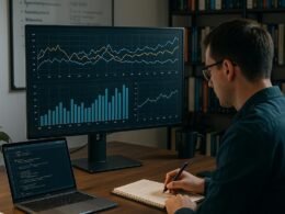 Modernes Büro mit großem Bildschirm, Datenvisualisierungen, Notizen, Whiteboards, technische Bücher und einer Person, die konzentriert arbeitet