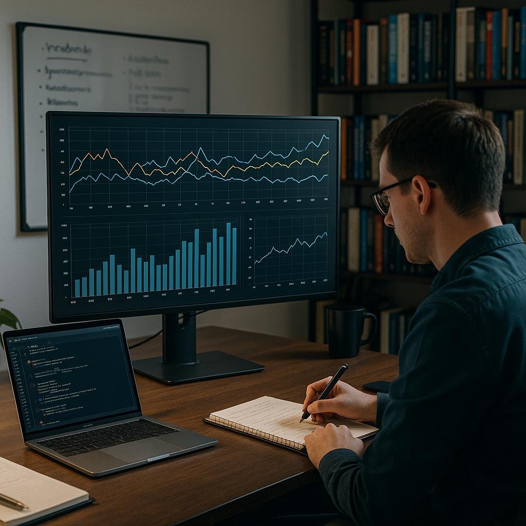 Modernes Büro mit großem Bildschirm, Datenvisualisierungen, Notizen, Whiteboards, technische Bücher und einer Person, die konzentriert arbeitet